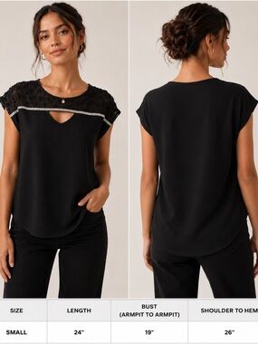 89th + Madison Black Rhinestone Trim Blouse Size Small Sheer Yoke